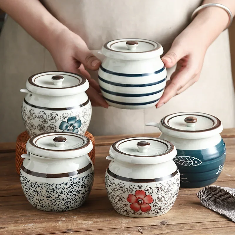 Ceramic Lard Jar Japanese-style hand-painted underglaze color high-value sugar-salt chicken essence pig storage tank