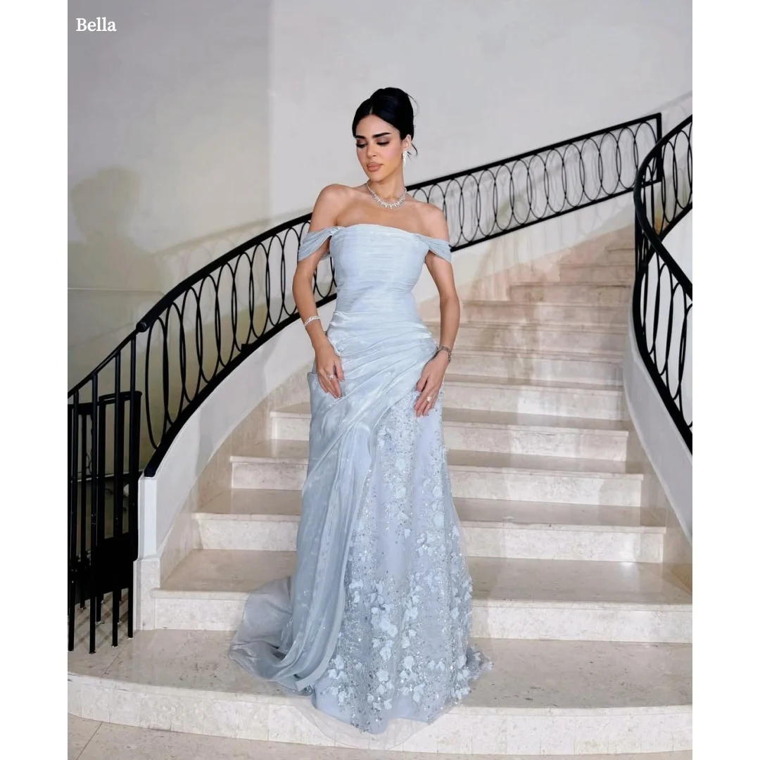 

Bella Customized Blue Off The Shoulder Flowers Embroidery robes de soirée Backless Party Dresses Floor-Length Prom Dress 2025