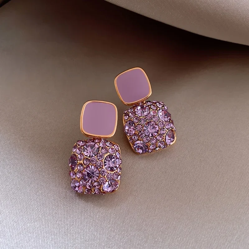 New Purple Color Zircon Crystal Enamel Double Square Drop Earrings for Women Korean Style Jewelry Trend Creative Accessories