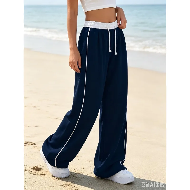Kids Girls Leg Sweatpants, Navy White Elastic Drawstring Waist Casual Trousers with Double White Side Strip Loose