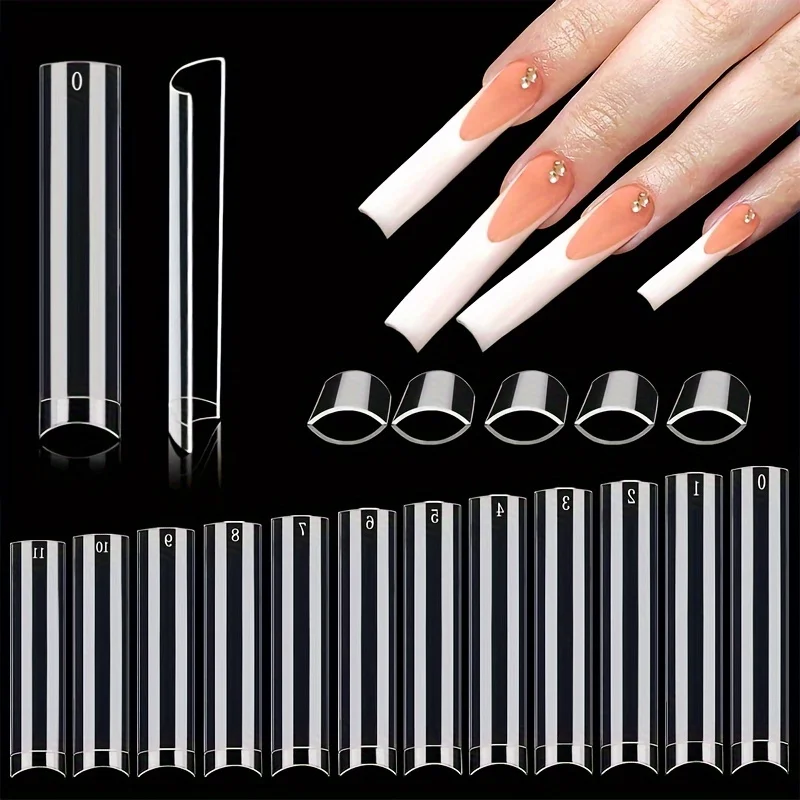 XXXL No C Curve Square Nail Tips-No C Curve Long Nail Tips 502Pcs No C Curve Square Straight False Nail Tips Half Cover Clear Na