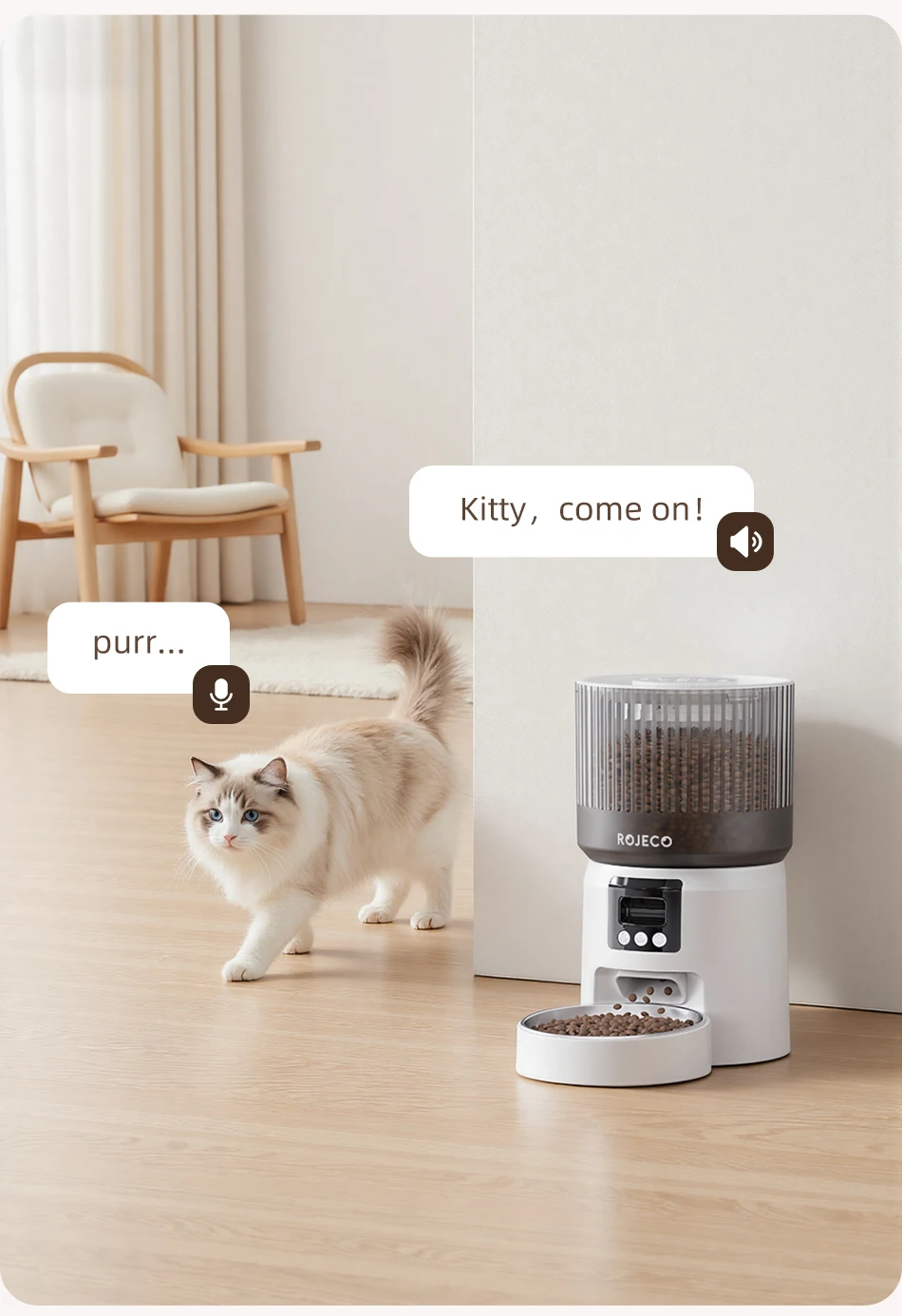 ROJECO Automatischer Katzenfutterautomat mit 1080P HD-Kamera, Video-Smart-Katzenfutterspender, WIFI-Fernbedienung, automatischer Tierfutterautomat für Katzen und Hunde – Detail 5
