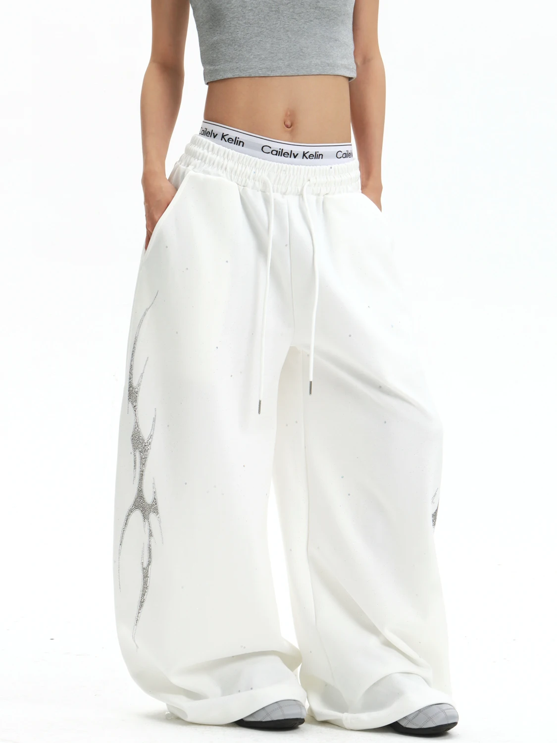 Ganyoou American Style Star Flame Rhinestone Bend Knife Pants Loose Dancing Wide Leg Casual Trousers for Men And Women