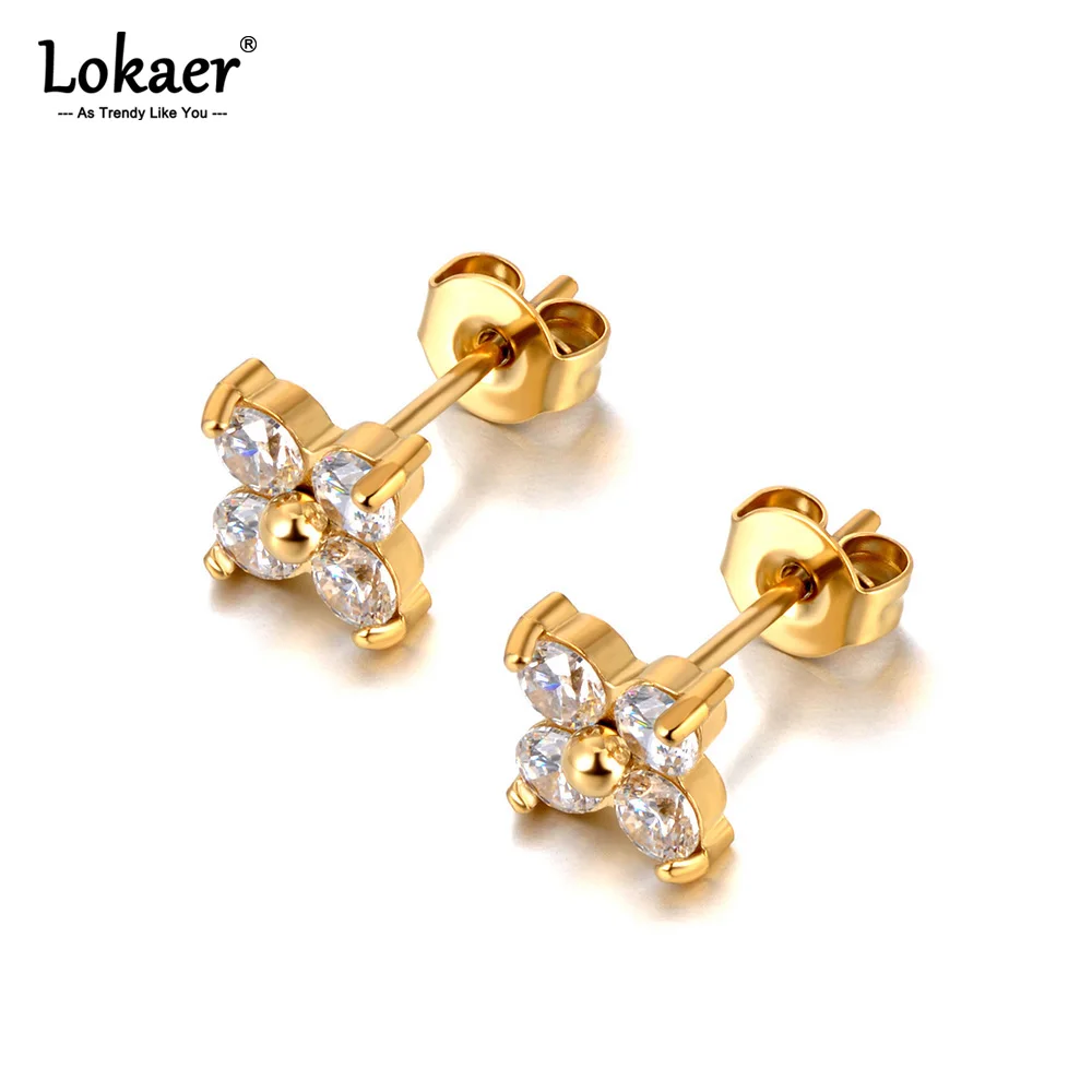 Lokaer Stainless Steel Cubic Zirconia Flower Small Earrings Sparkling Crystal Earring Waterproof Jewelry For Women серьги E24177