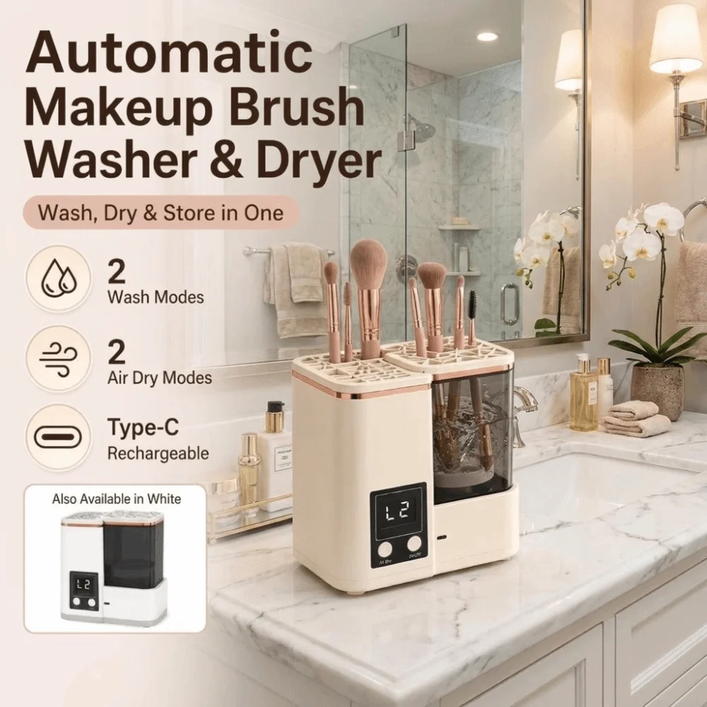 Portable Makeup Brush Cleaning Machine Automatic 2 Wash Modes Makeup Brush Dryer LCD Timer Electric Makeup Brush Cleaner