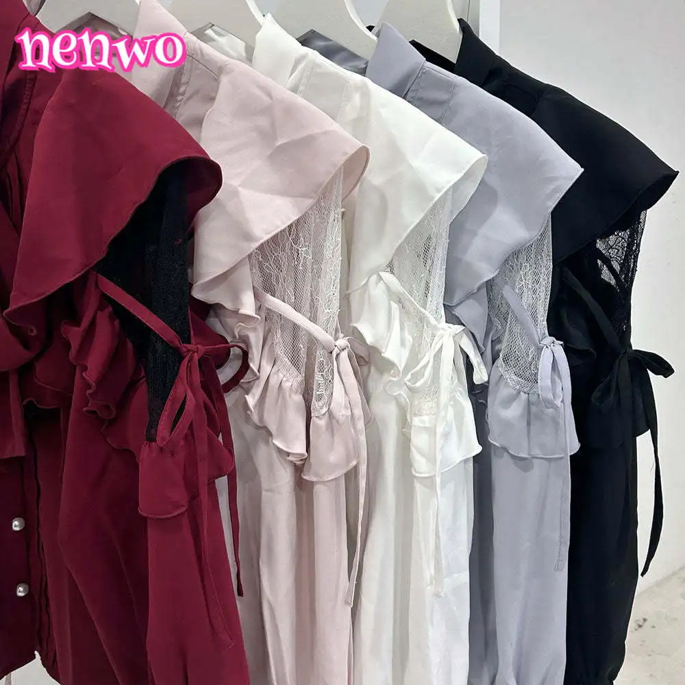 Rojita – chemisier japonais à manches longues, couleur unie, épissure de dentelle, bord à volants, chemises à bretelles, grand nœud, chemisier blanc