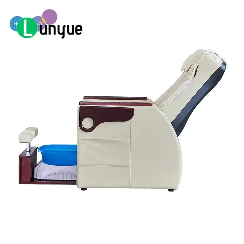Nail Pedicure Spa Chair with Adjustable Reclining Seat Backrest Automatic Massage Wooden Base Cube Footrest for Beauty