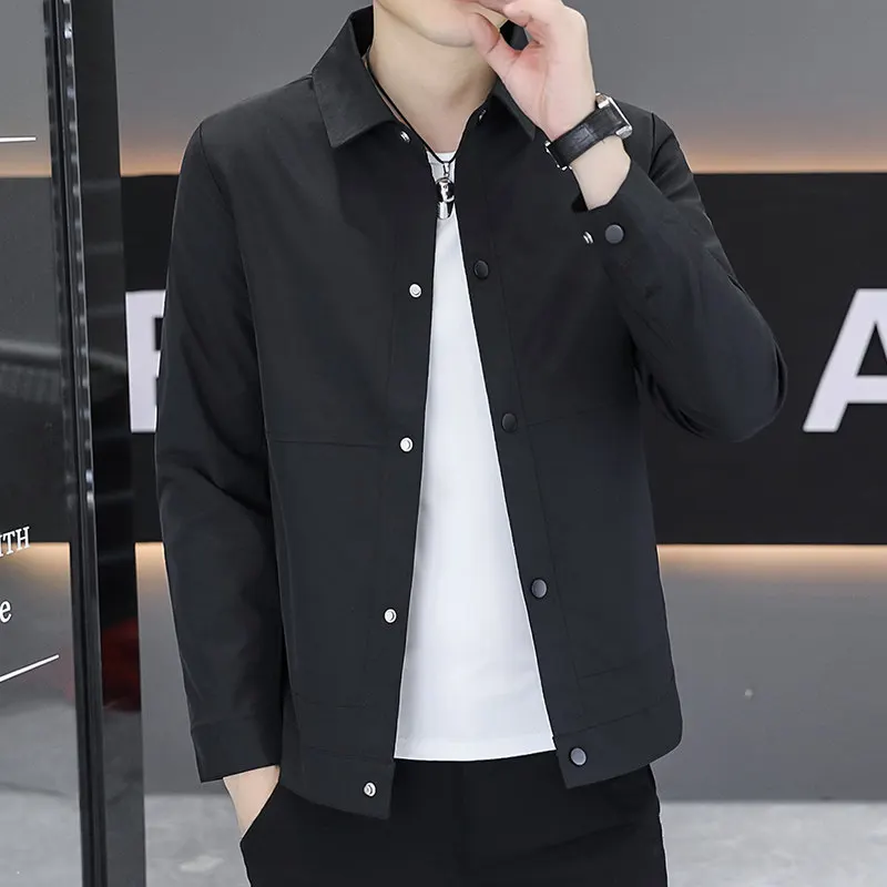 

Casual Faionable Youthful Autumn Jaet Turn-down Collar irt Sle Thin Outerwear for Men Stand Fit Long Sve Pure C...