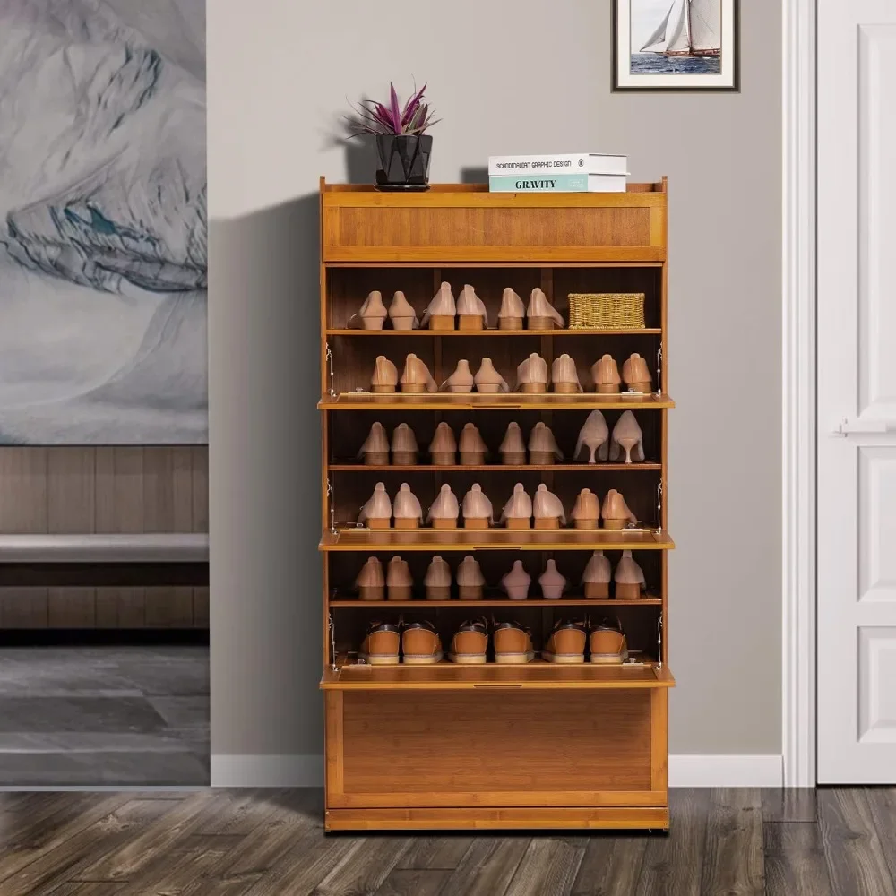 

Shoe cabinet bamboo 9-tier storage box Modern cabinet with pull-down doors 36 pairs of heeled boots, free-standing, brown