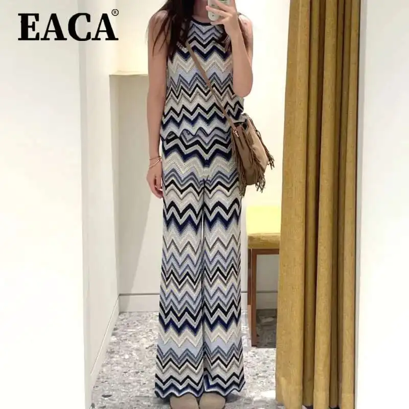

EACA 2025 Summer New Women's Design High Quality Contrast Wave Fashion Versatile Knitted Sleeveless Tank Top+Pants Set