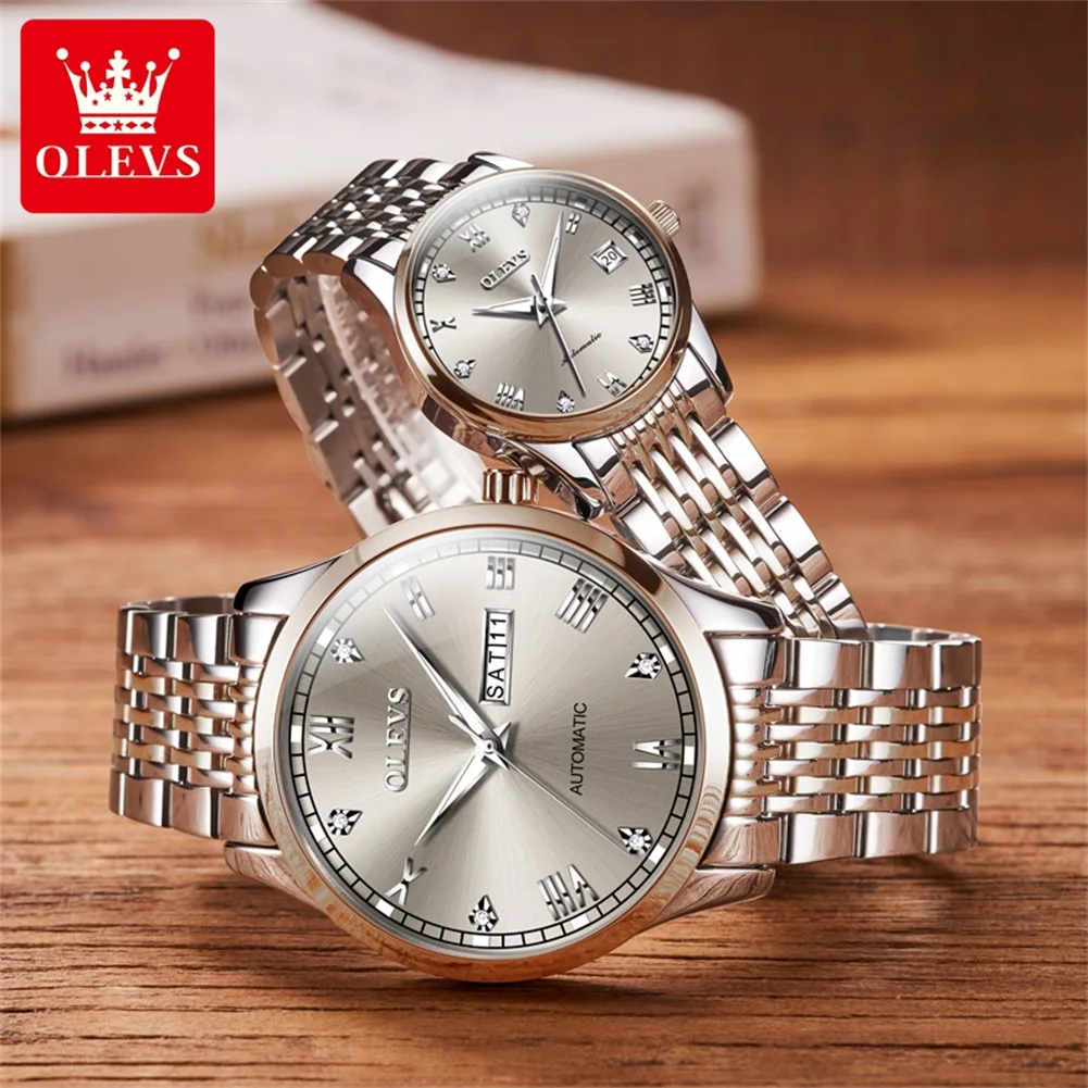 OLEVS Par de relojes automáticos para hombres y mujeres, relojes para él y para ella, conjunto de regalos, Tourbillon mecánico de cuerda automática, cara grande