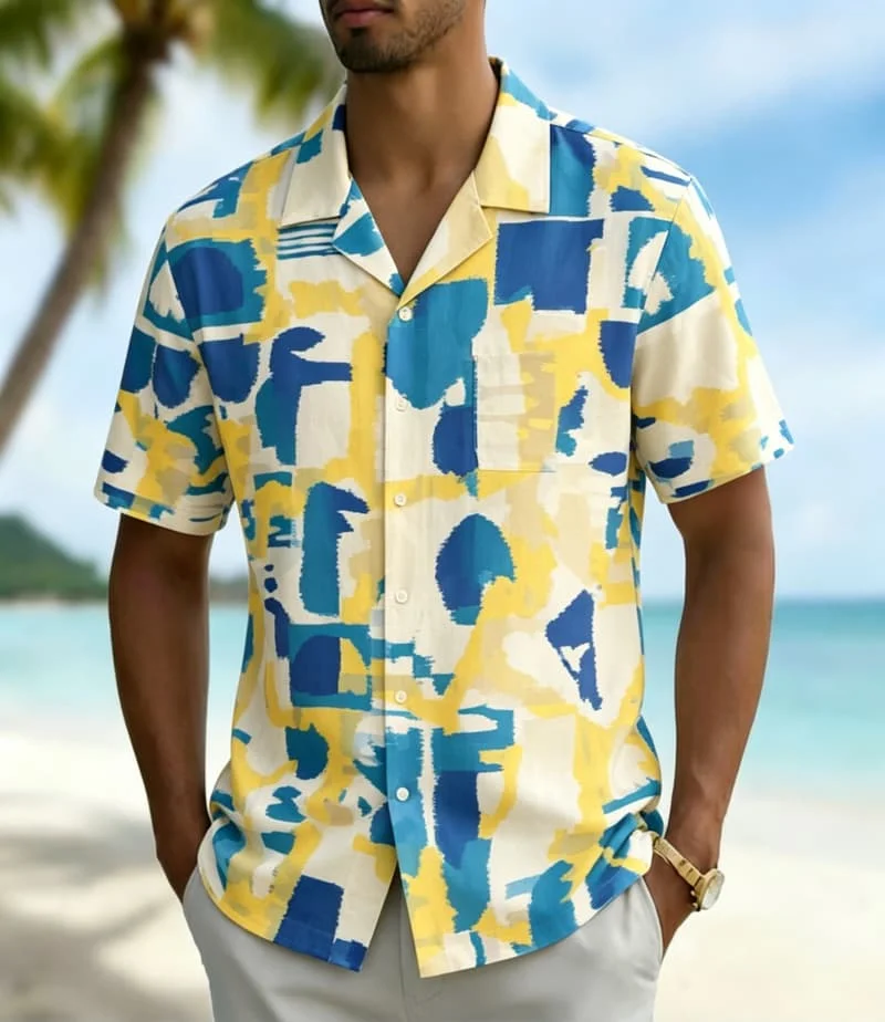 Men's Artistic Abstract Watercolor Print  Shirt, Hawaiian Style for Summer Holiday, Beach Trips, Daily Outings & Casual Wear