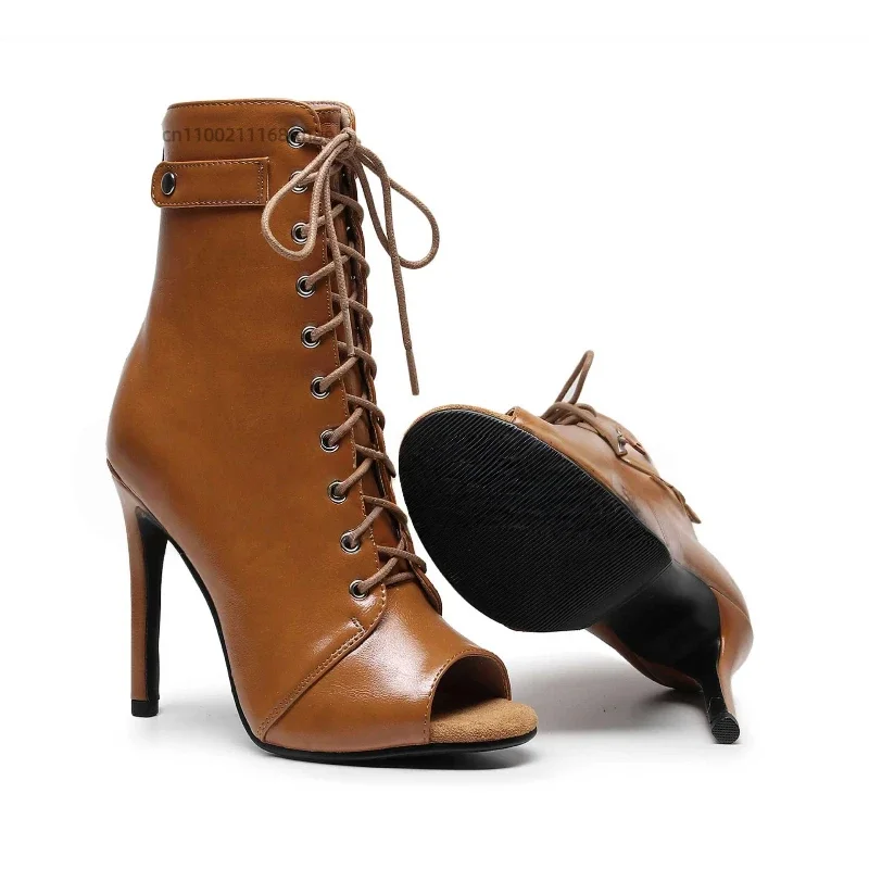 Damen-Tanzstiefeletten mit Fischmaul-Design, Schnürung, Ausschnitten, schmalem Absatz, für Frühling und Sommer, Jazz-Party, Aufführung – Detail 9