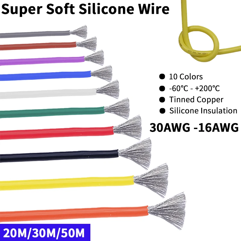 

20M/50M Copper Wire Super Soft Silicone Rubber 30AWG-16AWG Heat-resistant Ultra Flexible Electronic Cord High Temperature Cable