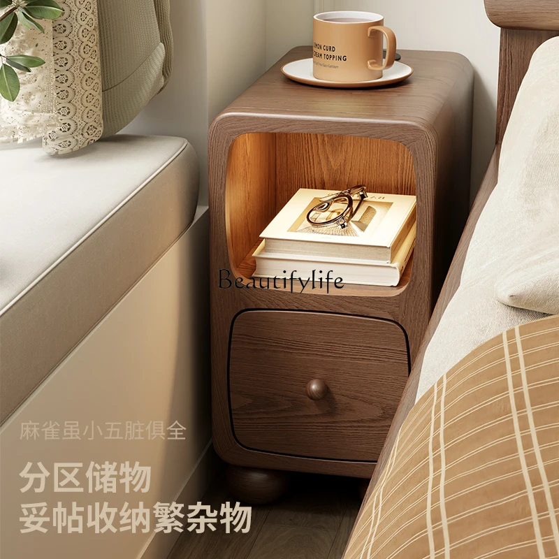 

Solid wood bedside table mini small extremely narrow bedside table with lamp ultra narrow crevice storage