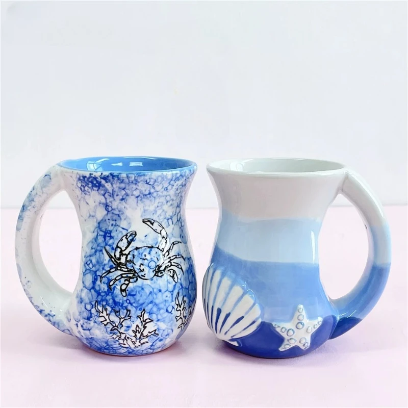 Hand Painted Ocean Ceramic Mug, Crab & Seashell Starfish Large Handle Coffee Cup, Ocean Style Tabletop Home Decor Drinkware Gift