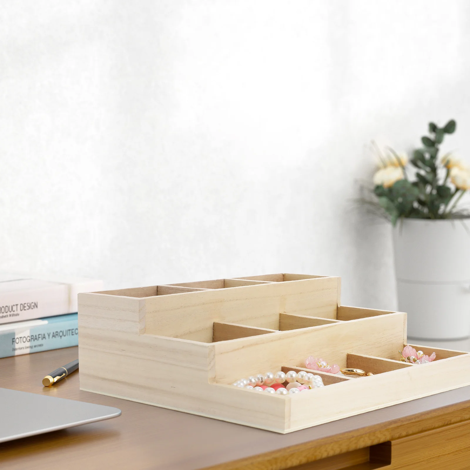 

Wooden Jewelry Storage Organizer Multifunctional Desktop Trinket Box Vintage Style Earring Ring Holder Perfume Dish Key Storage