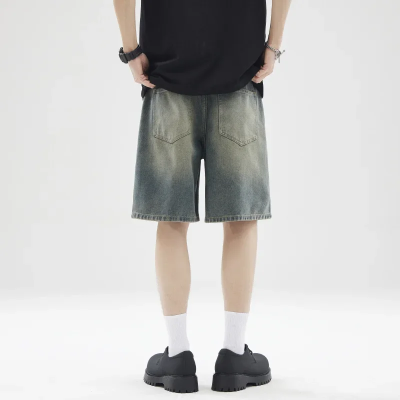 

Мужские джинсовые шорты длиной до колена, однотонные однотонные шорты со средней талией и карманами, свободный крой, повседневные потертые летние шорты