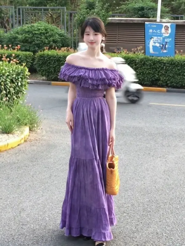 

Elegant Purple One-Shoulder Sweet Waist Cinched Dress Sister Style Summer 2026 Fashion Trend Midi Skirt Polycarbonate Fabric