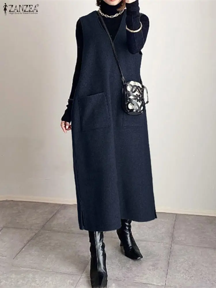 2023 herbst Winter Kleider ZANZEA Stilvolle Sweatshirt Kleid Frauen Elegante V-ausschnitt Ärmellose Tanks Robe Casual Baggy Arbeit Sommerkleid