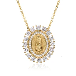 Gold Color Oval Our Lady Charms Cubic Zirconia Guadalupe Virgin Mary Necklace for Women Choker Pendant DIY Jewelry Accessories