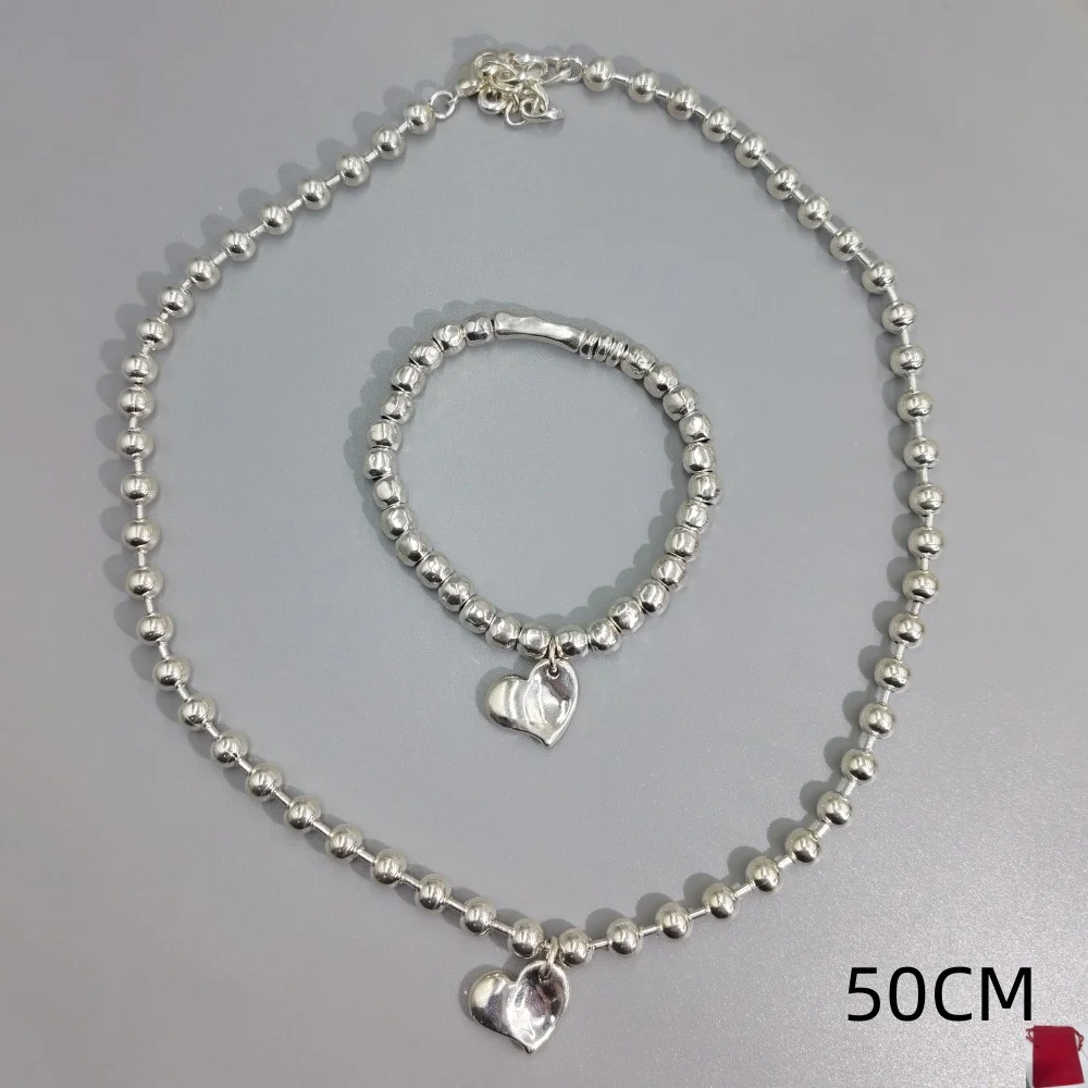 2026 Spain Sweet and Exquisite Silver Heart Shaped Pendant Beaded Bracelet Necklace Jewelry Set Party Gift