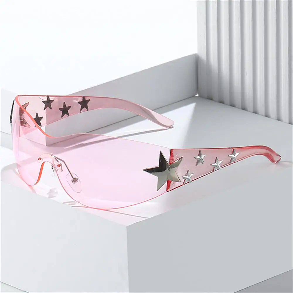 

Rimless Sunglasses with Star Designs Y2K Wrap Around Eyeglasses Punk Goggles Sun Glasses Shades Motorcycle Driving Eyewear
