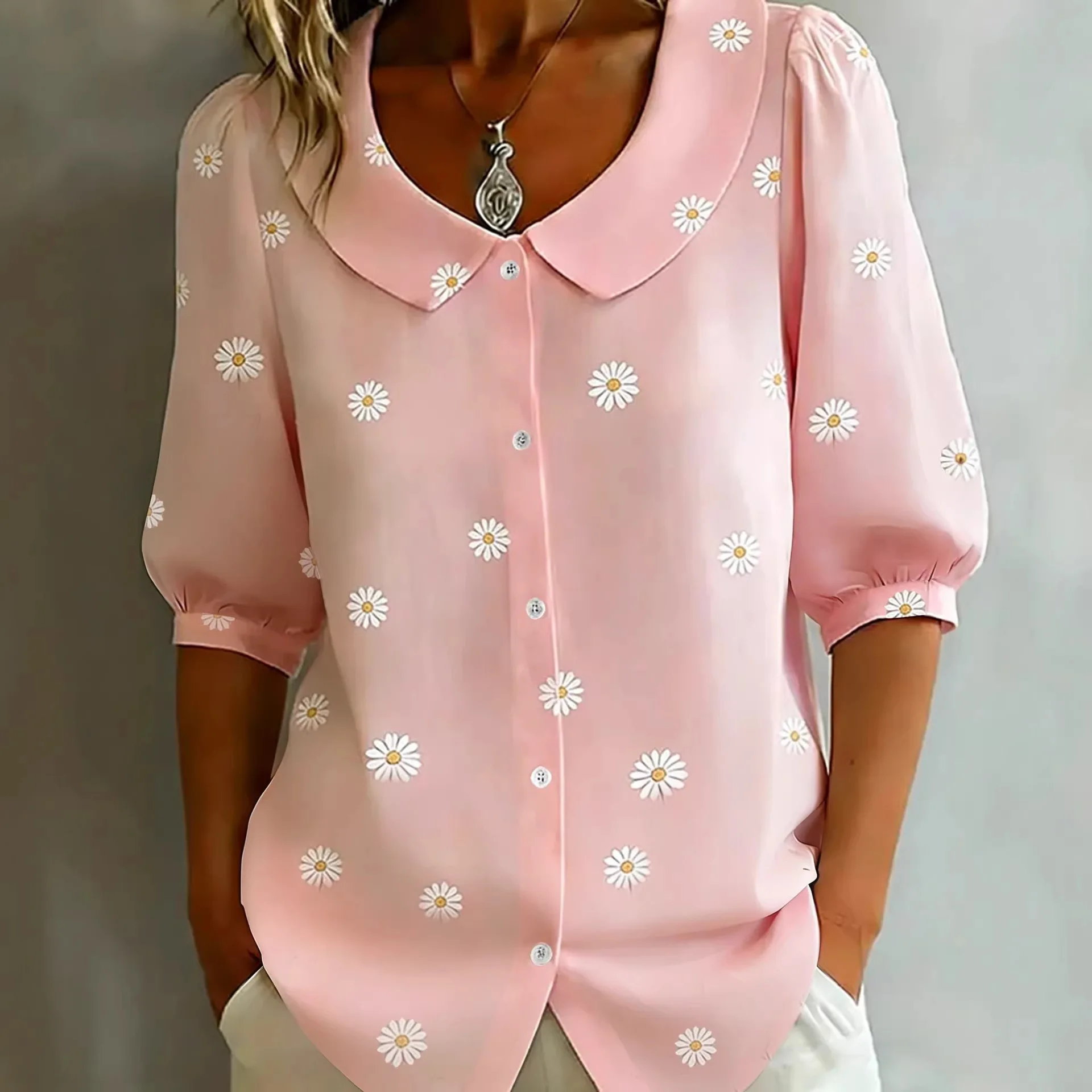 2026 Summer New European and American Doll Collar Lapel Shirt Solid Color Casual Button Shirt for Women