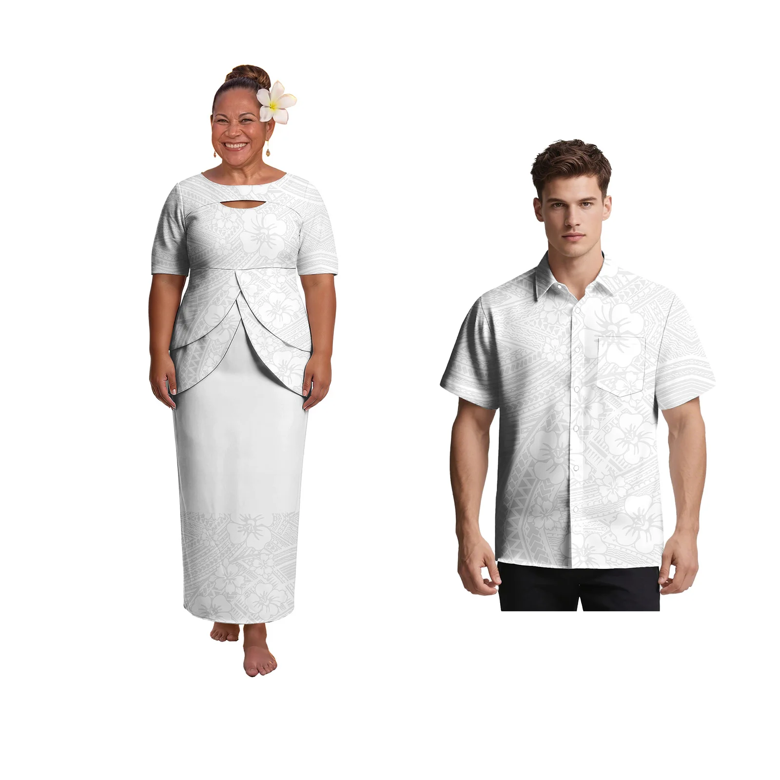 Conjunto de Casal Tribal: Puletasi Branco com Decote Recortado para Mulheres Samoanas e Camisa Casual Branca Havaiana para Homens Polinésios - Traje de Casal para Domingo