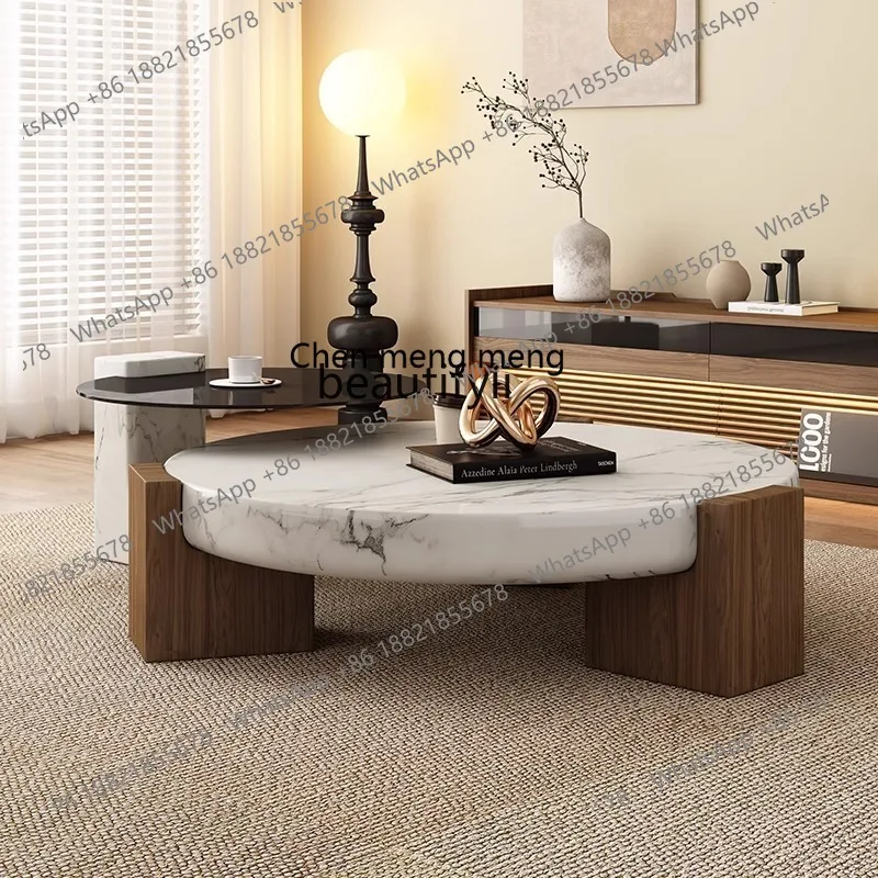 E153 Nordic Mid-Century Style Round Marble Solid Wood Coffee Table for Living Room, Small Apartment, French Minimalist