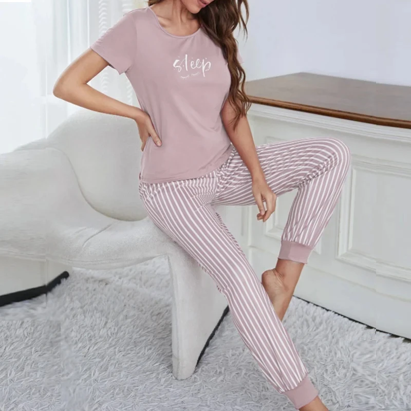 

Women's Pajama Set with Letter Short Sleeved Top Paired with Bow Striped Leg Length Pants for Loose Casual Wear