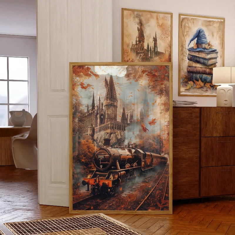 Poster da mago autunnale di Halloween da 3 pezzi, arte da parete con gufo del treno del castello magico, arredamento della stanza fantasy, set di stampa per la scuola materna autunnale, arte del mago