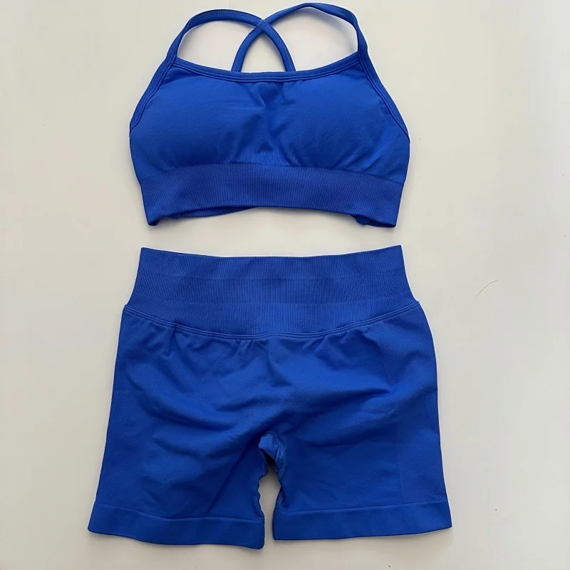 No Logo Yoga Gym Set Women Seamless Yoga Set 2 Pieces Workout Shorts Set Backless Sports Bra Scrunch Bum Shorts Fitness Clothes image 4