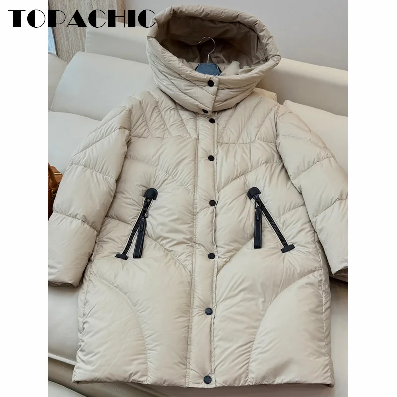 8.28 TOPACHIC Women Autumn Winter New Hat Detachable Mid-Length Down Jacket Zipper Pocket Design Loose Goose Down Outerwear