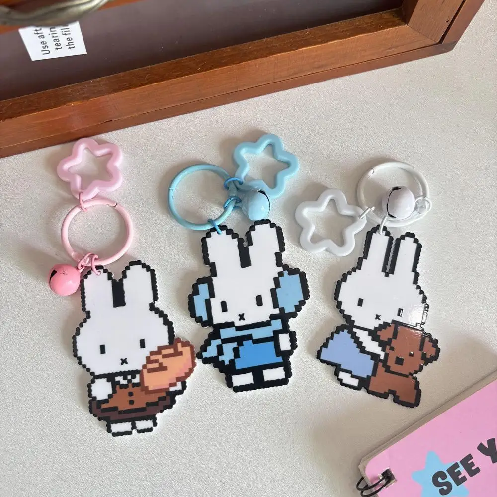 Miffy Pixel Style Keychain Set Multiple Rabbit Patterns With Bell Pendant Portable Bag Key Ring For Keys Bags Phone Accessories