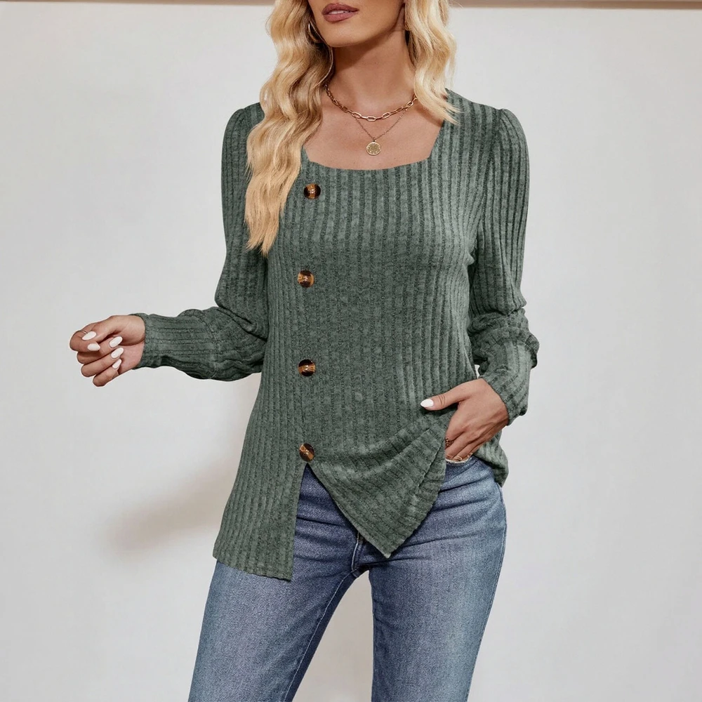 

Женские футболки, осенне-зимние модные базовые однотонные повседневные футболки с пуговицами и резьбой, длинными рукавами и квадратным вырезом