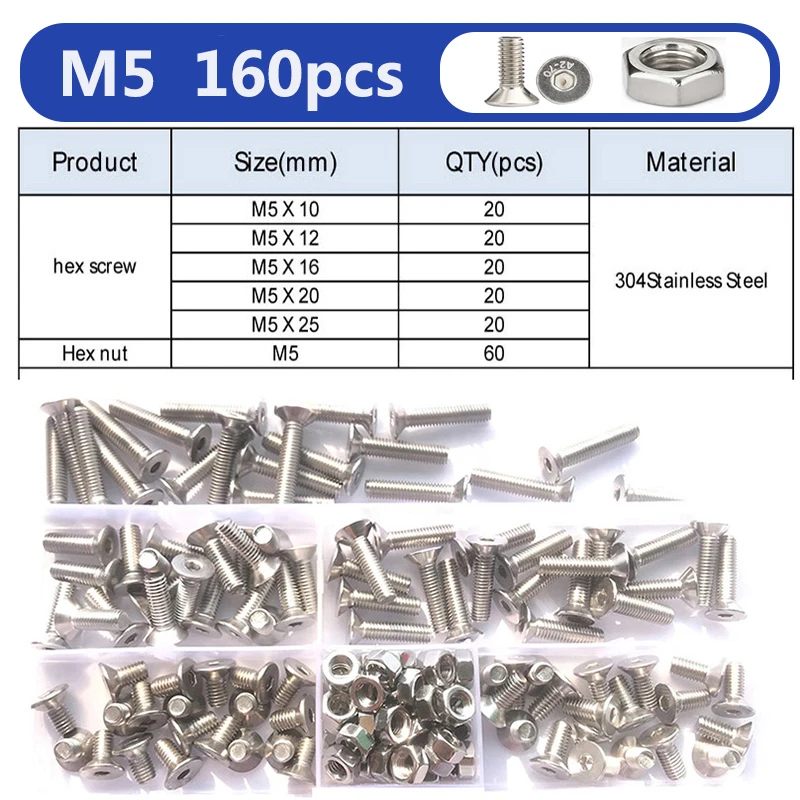 Innensechskantschrauben-Set M2 M2.5 M3 M4 M5 M6 aus 304 Edelstahl, Senkkopfschrauben mit Innensechskant und Mutter – Detail 14