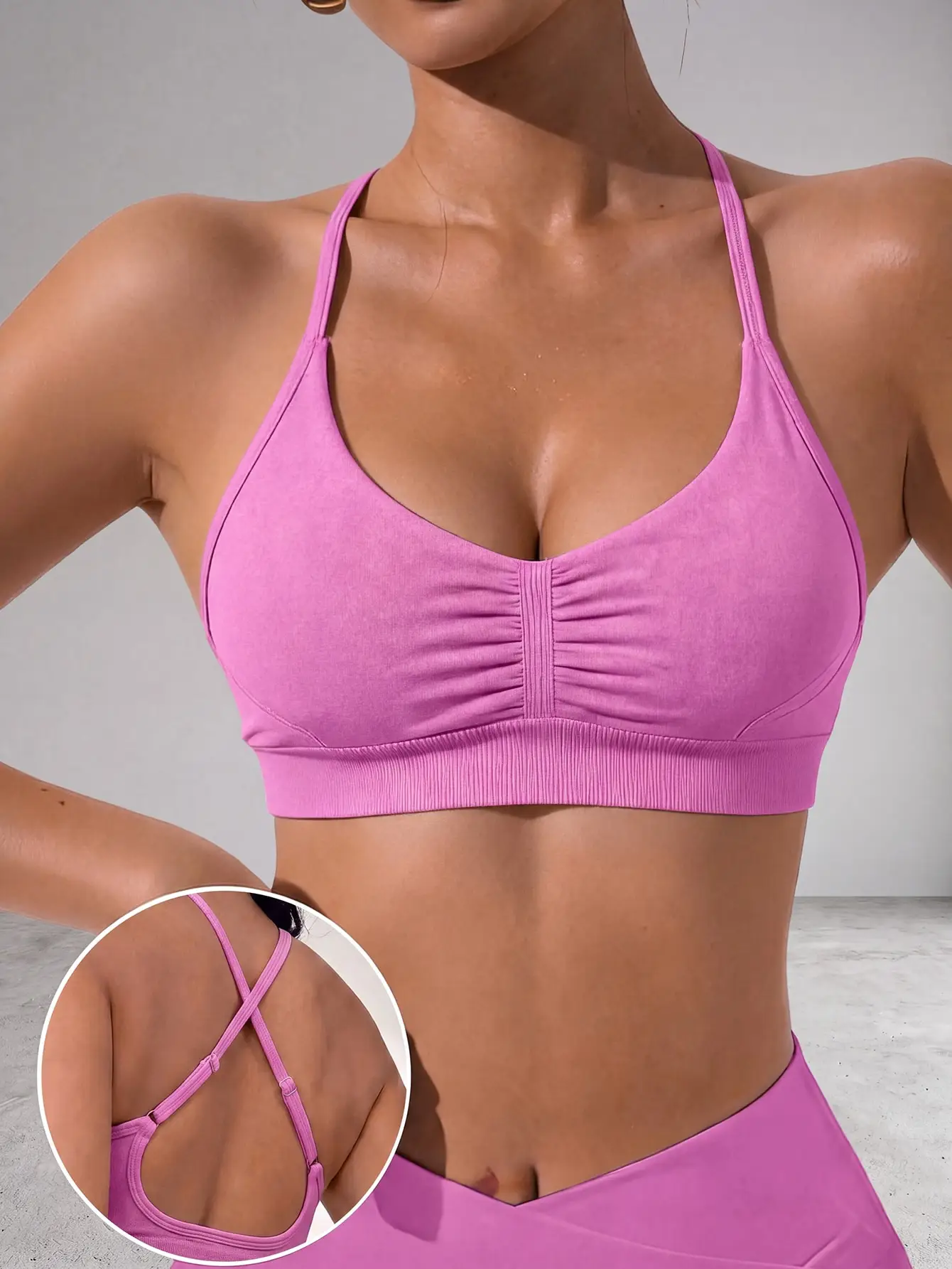 Ladies Ruched Front Fitness Sports Bra Adjustable Cross Back Straps Ultra Stretch Seamless Gym Yoga Active Bra
