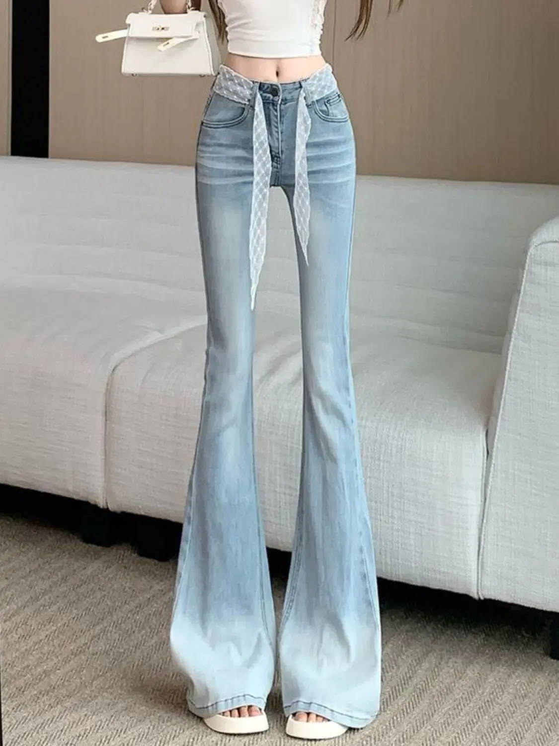 

Женские винтажные светло-голубые расклешенные джинсы с расклешенным низом в стиле ретро, тонкие узкие джинсовые брюки с высокой талией, уличная одежда, джинсовые брюки