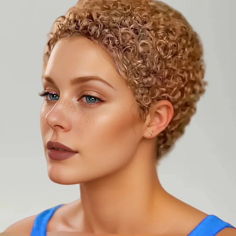 짧은 곱슬머리 픽시컷 밥 가발 여성용 전체 기계식 인모 가발