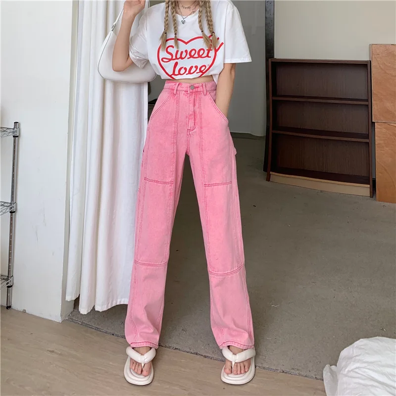 Pink Pants Women Kawaii Baggy Jeans High Waist Fairy Grunge Streetwear Y2k EGirl Casual Trouser Teen Indie Aesthetic Emo Clothes