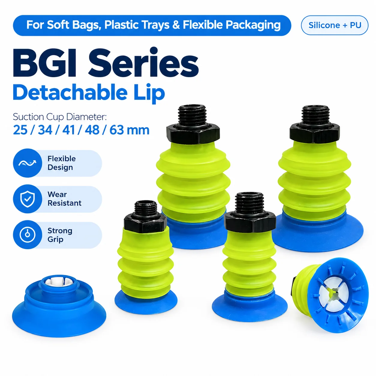 BGI 3-Bellows Vacuum Suction Cup BGI25 to BGI80 Polyurethane Gripper Pads G1/8 G1/4 G3/8 Male Fitting Replacement for PIAB