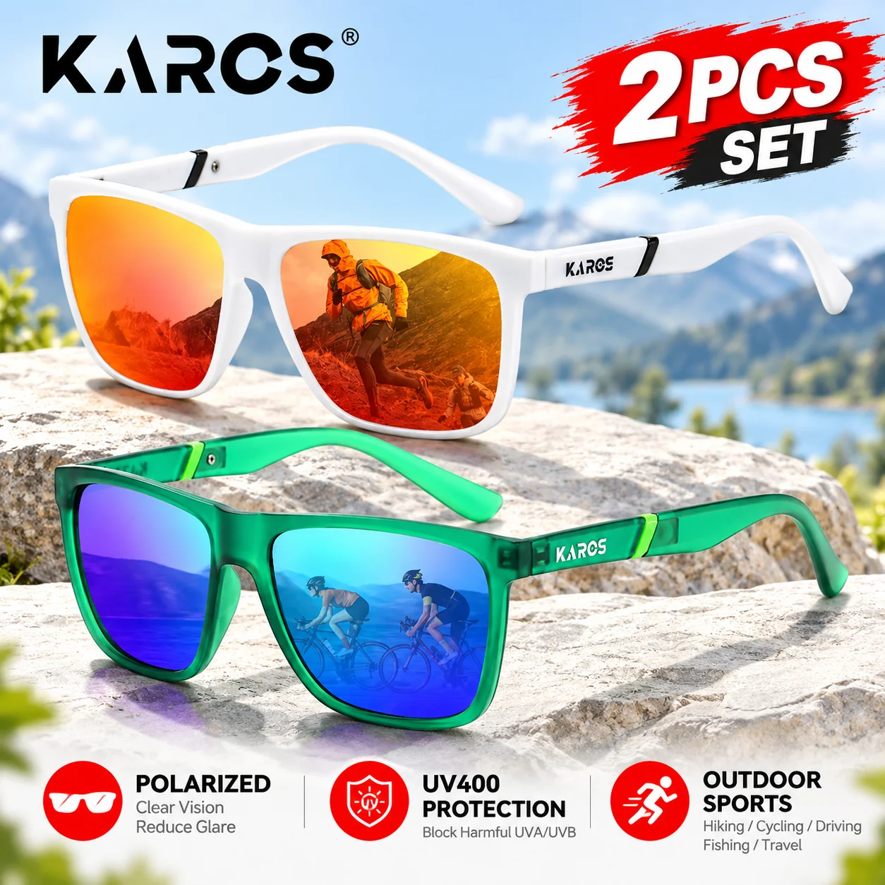 2Pcs Set KAROS Polarized Sunglasses Men Women UV400 Sports Eyewear Outdoor Cycling Fishing Running Hiking Driving SunGlassesYZ15