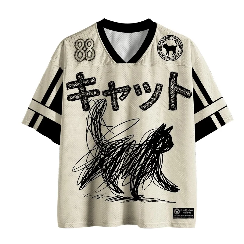 2026 New Japanese Straw Line Kitten V-neck Shirt Men's Outdoor Sports Loose Leisure Quick Drying Short Sleeved T-shirt