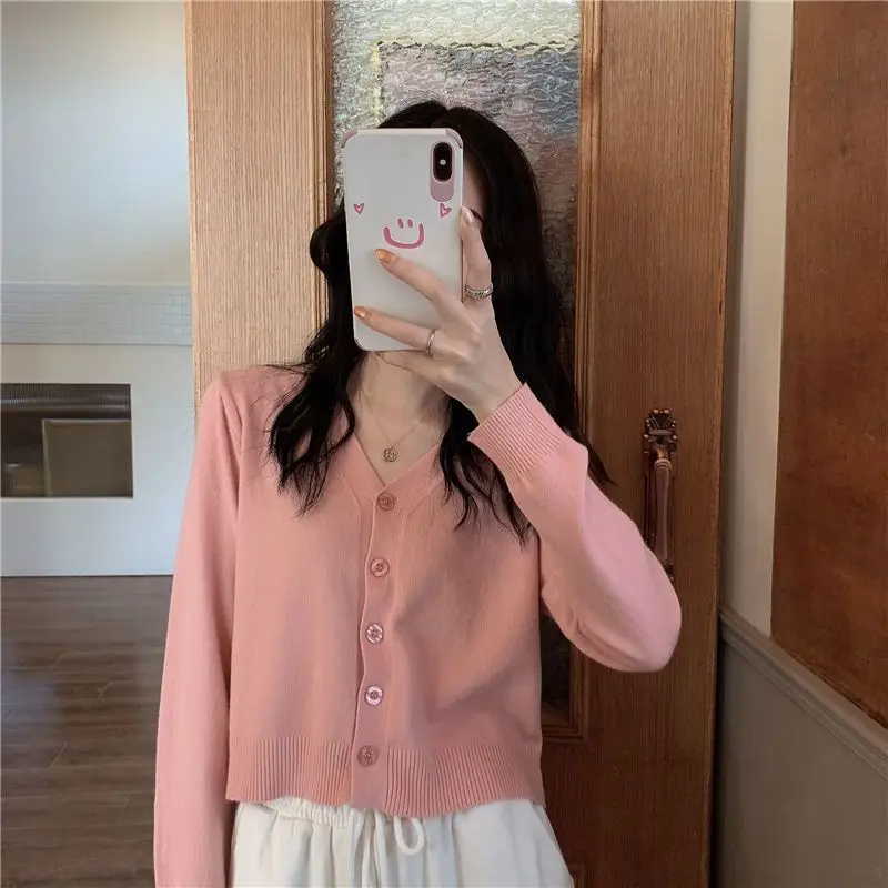 2023 Autumn New V-Neck Cropped Cardigan Fashion Women's Top Thin Versatile Coat Long Sleeve Knit