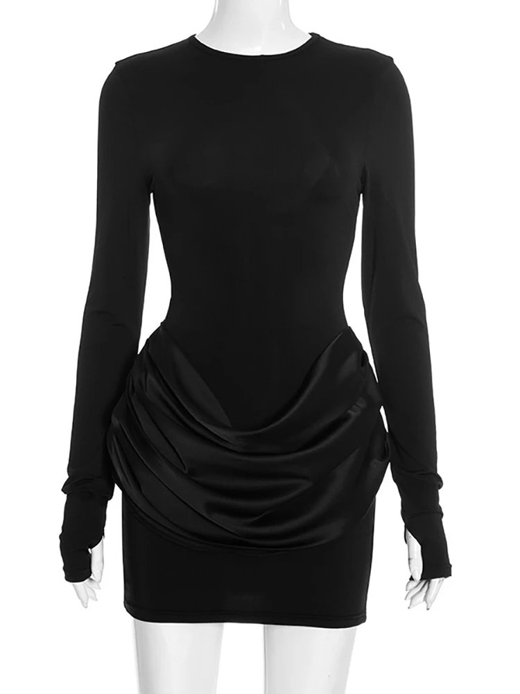 فستان JULISSA MO قصير من الساتان بأكمام طويلة مرقع للنساء بني برقبة دائرية وخصر عالي فستان شتوي نحيف أنيق للحفلات والنوادي #6