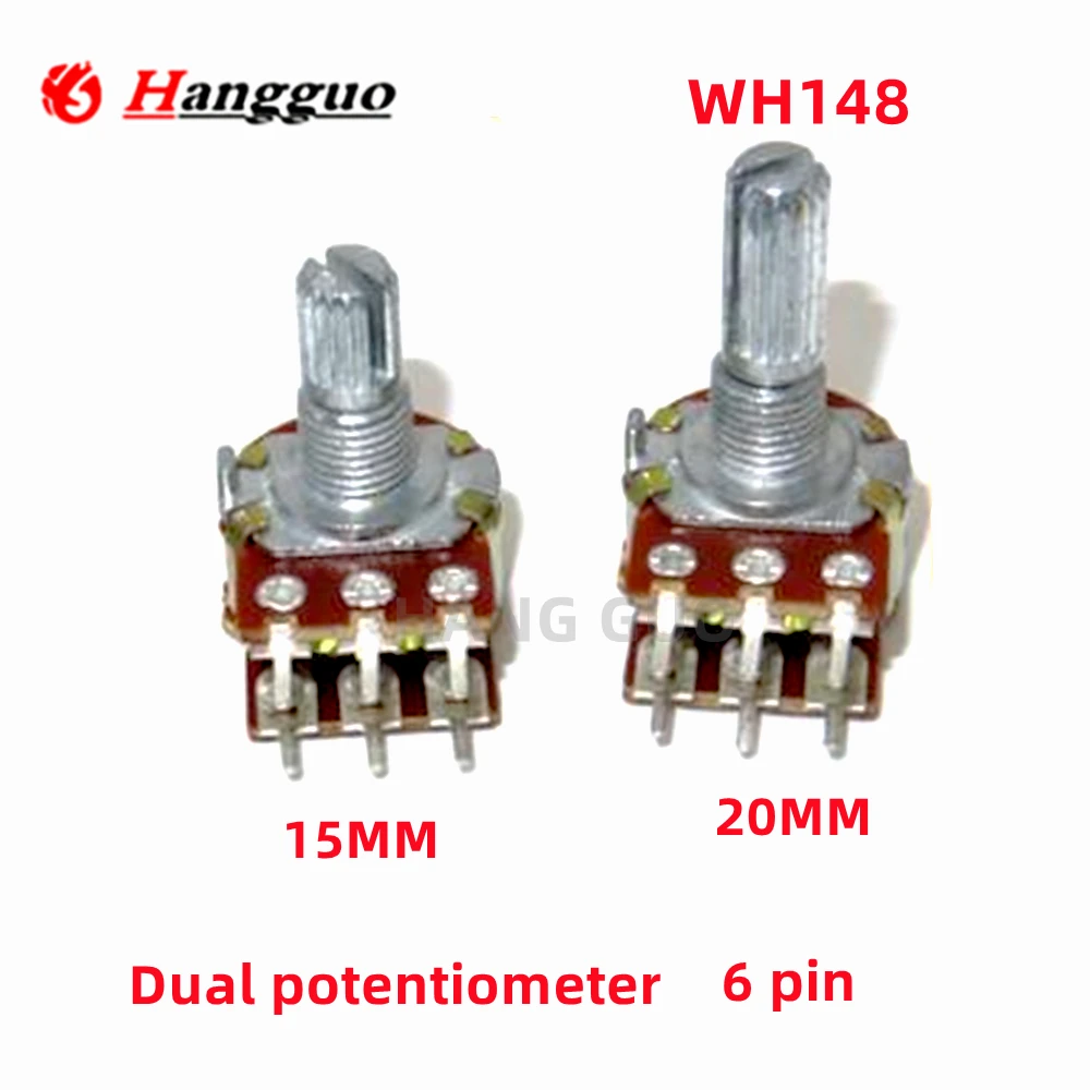 5PCS WH148 Adjustable B1K 2K5K10K20K 50K 100K 250K 500K 1M handle 15MM 20MM Ohm 6-pin 1-axis amplifier dual stereo potentiometer