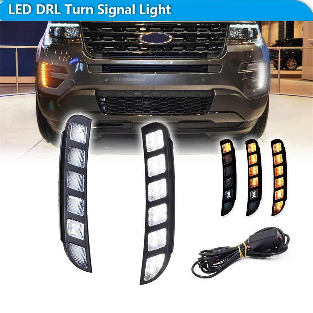 

For Ford Explorer Switchback LED Dynamic Blink Amber Front Bumper Turn Signal Lights White DRL Daytime Running Lights 2016 2017