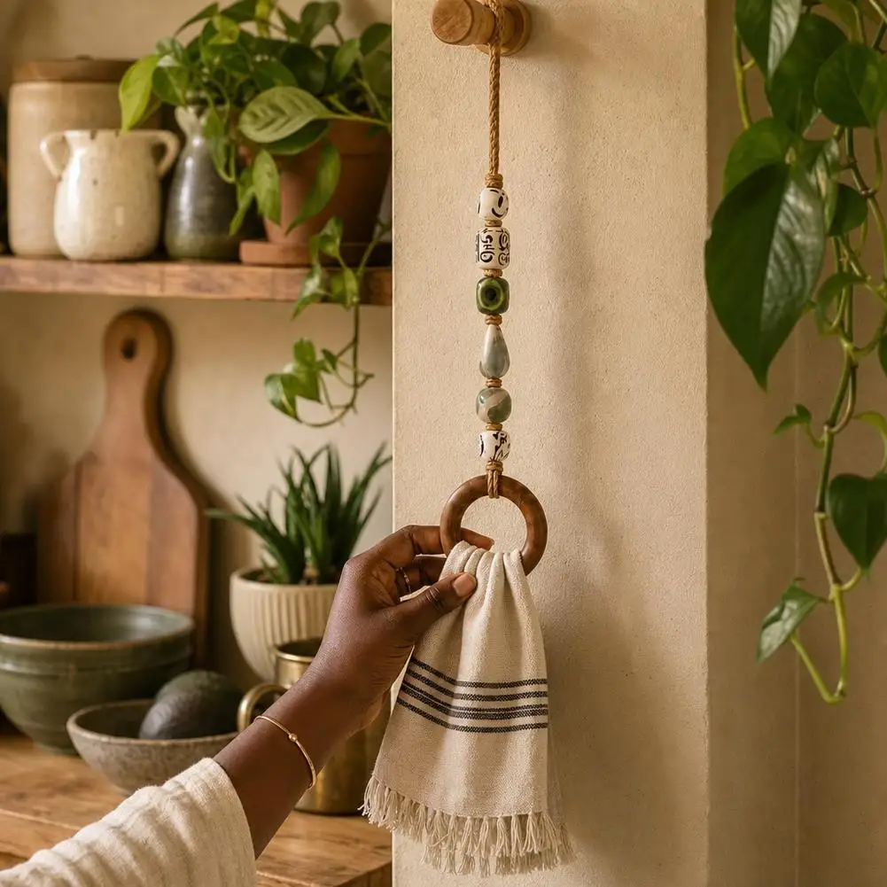 Round Towel Rack Beaded Towel Hanger Hand Towel Holder for Bathroom & Kitchen Decor Rustic Wood Bead Hanging Holder