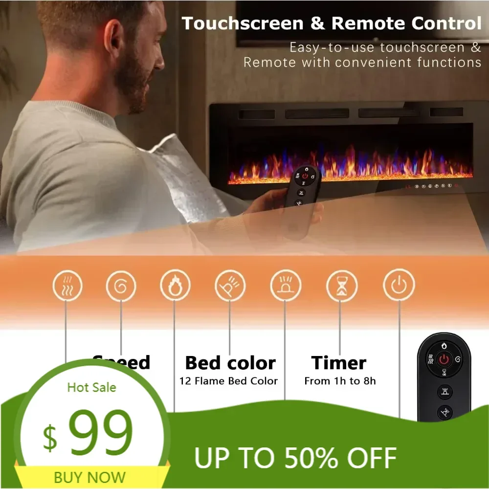 

"72" wall-mounted slim electric fireplace with in-wall recessed design and multicolor flame feature"